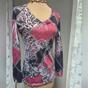 Cache Womens Studded V-Neck Long Sleeve Top Size Small  Rose & Leopard print Y2K